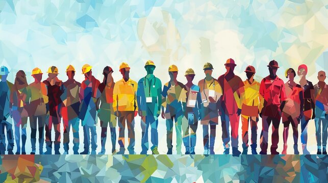 A colorful abstract collage illustrating various professionals, including doctors and construction workers, each with their respective tools, representing teamwork and diversity in the workplace.