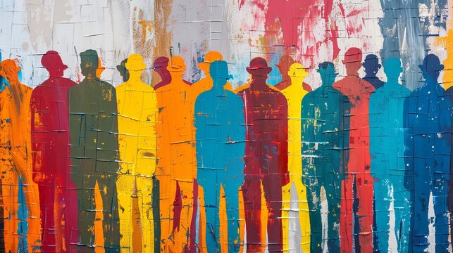 An abstract painting showcases a group of diverse, colorful, and indistinct figures standing together, representing unity, diversity, and shared human experience in a vibrant artistic style.