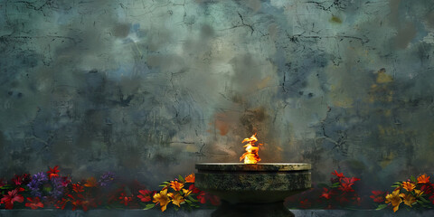 The Eternal Flame of Remembrance: A solitary flame, burning brightly, surrounded by wreaths and flowers, atop a granite pedestal.