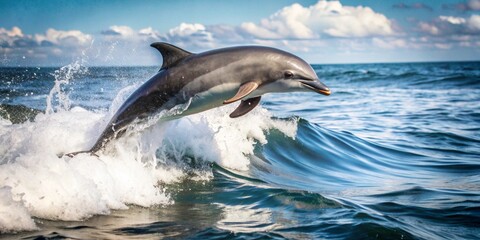 Fototapeta premium Generative ai. dolphin leaping from ocean wave, clear blue sky with clouds, vibrant colors, high detail, dynamic action shot, nature photography. 