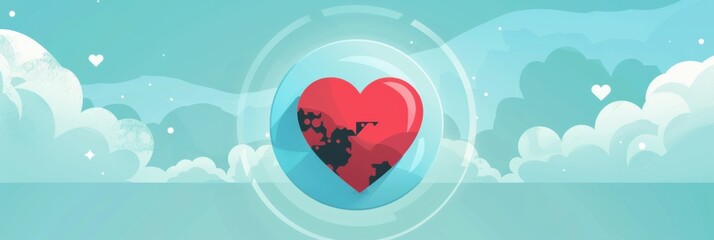 World Heart Day. Horizontal banner. Red heart against a background of blue sky and white clouds. Free space for text. Health care concept, healthy lifestyle, prevention of heart attack, organ donation