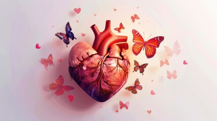 World Heart Day. Red heart with butterflies on a pink background. Horizontal banner. Free space for text. Health care concept, healthy lifestyle, prevention of heart attack, organ donation