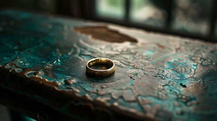 Wedding band against an iron placed on tables