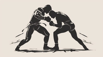 Fototapeta premium This image portrays two boxers trading punches, highlighting the intensity and focus required in boxing. The athletes demonstrate their skills and strategies in a closely matched fight.