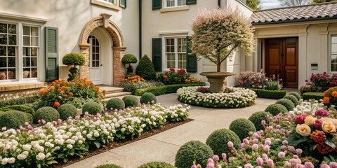 Generative ai. beautiful garden with manicured bushes, elegant flowers, charming courtyard, classical house facade, arched doorway, symmetrical landscaping, tranquil atmosphere, bright and sunny day