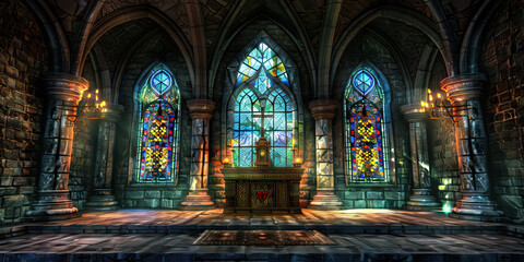 Obraz premium The Divine Balance: Stained glass windows, a wooden altar, and a crown adorn a stone archway.