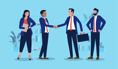 Business deal - Team and group of businesspeople shaking hands over agreement and collaboration. Teamwork and handshake concept in flat design vector illustration with blue background