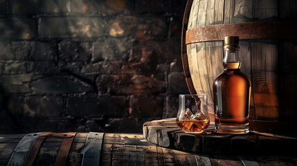 Naklejka premium A bottle of whiskey and a glass of whiskey are on a wooden table