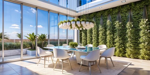 Generative ai. modern dining room, floor-to-ceiling windows, abundant natural light, greenery wall, contemporary furniture, elegant chandelier, bright and airy ambiance, minimalistic decor