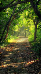 Fototapeta premium Tranquil Forest Path: A Journey of Serene Discovery and Connection to Nature’s Timeless Beauty