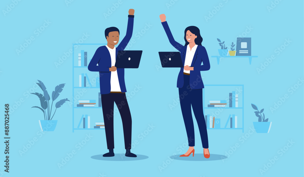 Poster cheerful people with computers - two businesspeople developers with hands in air, cheering and celeb