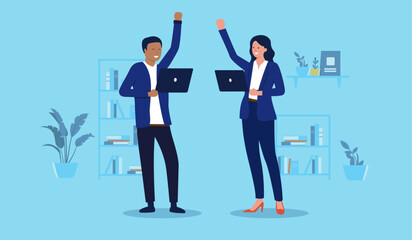 Cheerful people with computers - Two businesspeople developers with hands in air, cheering and celebrating triumph and great victory together as a team. Winning team concept in flat design vector