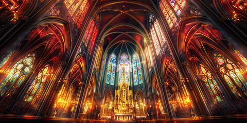 The Ecclesiastical Edifice: A grand cathedral's intricate stained-glass windows bathe its interior in hues of red and gold.