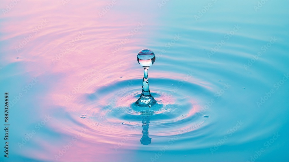 Poster a macro photo capturing the delicate moment a water drop creates ripples on a calm surface. the soft