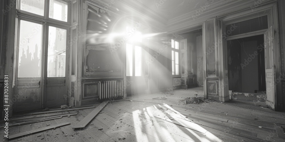 Poster an empty room with sunlight shining through the windows
