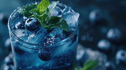 Blueberry mojito, closeup, blueberries, mint leaves, sophisticated drink, stylish look
