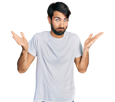 Hispanic man with blue eyes wearing casual white t shirt clueless and confused with open arms, no idea and doubtful face.