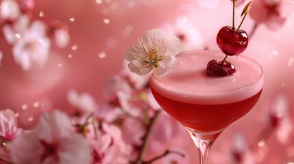 Cherry blossom, closeup, cherry garnish, light pink, sophisticated cocktail, stylish look