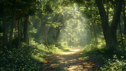 Fototapeta premium Tranquil Forest Path: A Journey of Serene Discovery and Connection to Nature’s Timeless Beauty