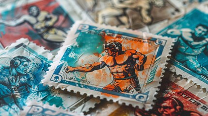 Naklejka premium A colorful vintage stamp depicting a muscular athlete in mid-punch with background elements in blue and orange shades, highlighting his strength and physique.