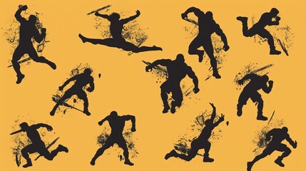 Illustration of silhouettes of warriors engaged in various dynamic poses with weapons, depicted on a contrasting yellow background, emphasizing action and combat readiness.