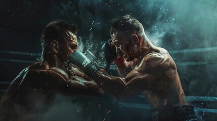 This image captures the intense moment of two boxers engaging each other in a ring, highlighting the power, skill, and determination involved in the sport of boxing.