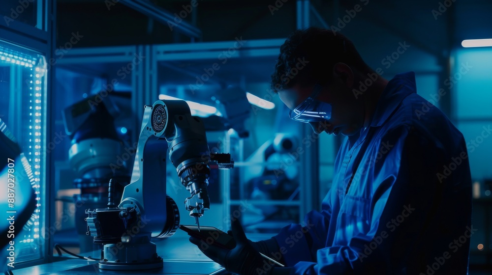 Poster an engineer in a dark blue room uses a tablet to control a robotic arm and tool. this shows how smar