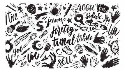 Obraz premium This image showcases a collage of playful and artistic doodles, including hands, hearts, stars, and various symbols that convey creativity, expression, and fun.