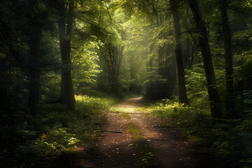 Naklejka premium Tranquil Forest Path: A Journey of Serene Discovery and Connection to Nature’s Timeless Beauty