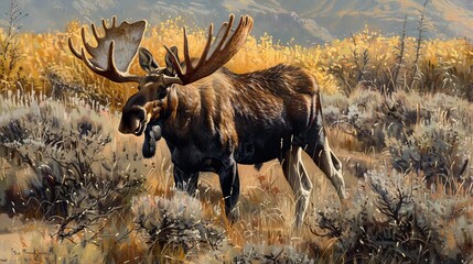 An impressive moose is captured in a field, set against the backdrop of vibrant autumn foliage, portraying the essence of wildlife and the changing seasons.