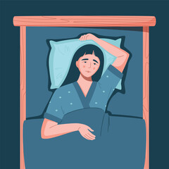 Sleep disorder, insomnia, sleeplessness. Young tired Asian woman lying in bed with open eyes in darkness night room. Frustrated person with problem. Character vector illustration in flat style