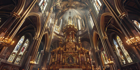 Naklejka premium The Vaulted Ceiling of Authority: A grand church interior, featuring a raised altar and a gilded statue of a king.