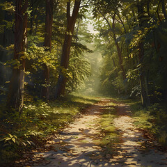 Fototapeta premium Tranquil Forest Path: A Journey of Serene Discovery and Connection to Nature’s Timeless Beauty