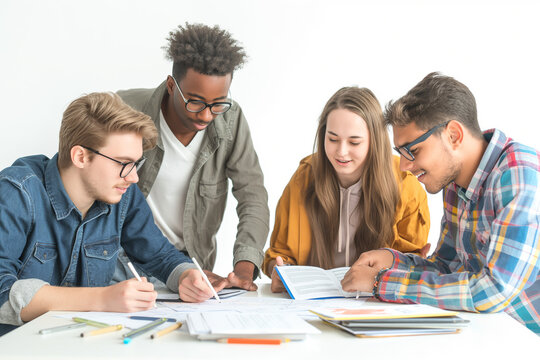 A group of young people are sitting around a table, working on a project