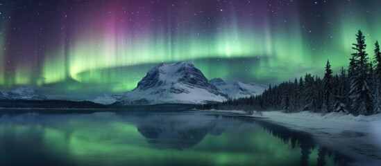 Fototapeta premium Aurora Borealis Over a Snowy Mountain Lake