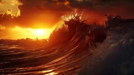 Silhouette of stormy waves against a sunset, warm and cool tones blending