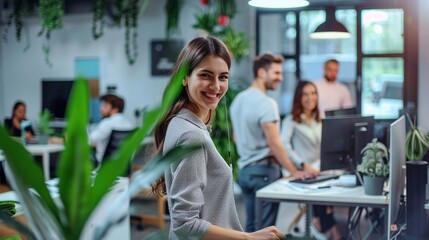 A happy woman is smiling in a modern, green-themed office filled with plants, reflecting a positive work culture and the benefits of nature for productivity.