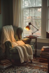 Fototapeta premium Cozy Sunroom Reading Nook With a Warm Blanket and a Book