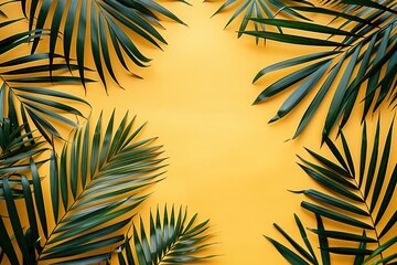 Tropical palm leaves on yellow background, Ai Generated