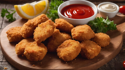 Fried crispy chicken nuggets with ketchup on wooden board. Generative AI