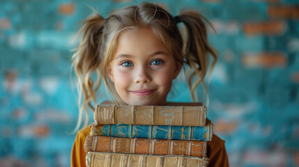 Little smiling girl holding pile of books on light blue background. Back to school, early education, reading, library concept , copy space