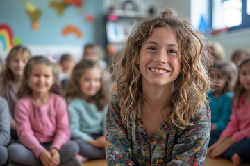 Obraz premium A girl with curly hair is smiling at the camera in front of a group of children