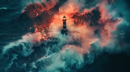 Fototapeta premium Simple lighthouse amidst a storm, turbulent sea, bold red and black, ultra HD quality