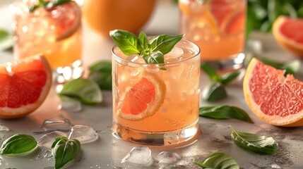 Close-up of grapefruit cocktail with basil and ice in glass on white surface, surrounded by grapefruit slices and basil leaves