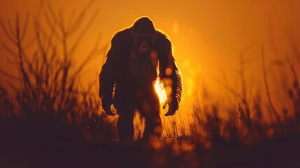 Naklejka premium A breathtaking image featuring Bigfoot walking through tall grass, bathed in the warm golden rays of the setting sun, evoking feelings of tranquility and awe.