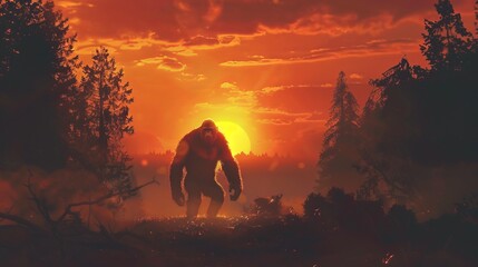 Fototapeta premium A captivating scene of Bigfoot walking through a dense forest under the dramatic orange hues of sunset, showcasing the blended magnificence of myth and natural beauty.