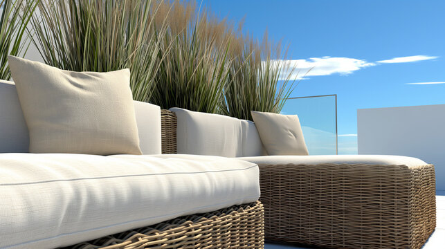 Zbliżenie na meble ogrodowe, na kt&oacute;rych leżą poduszki