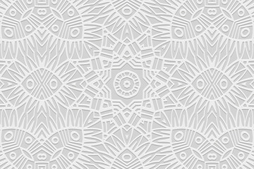 Embossed white background, cover design, banner. Geometric tribal exotic 3D pattern. Ethnic ornaments, arabesques, mandala. Vintage, handmade. Motifs of the East, Asia, India, Mexico, Aztec, Peru.