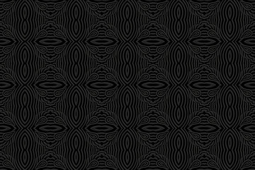 Embossed black background, cover design, banner. Geometric tribal abstract 3D pattern. Ethnic ornaments, arabesques, mandala. Vintage, handmade. Motifs of the East, Asia, India, Mexico, Aztec, Peru.