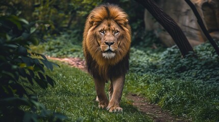 Fototapeta premium A lion walks gracefully on a path amid green surroundings, reflecting elegance, power, and the harmonious beauty of the natural world in a serene forest setting.